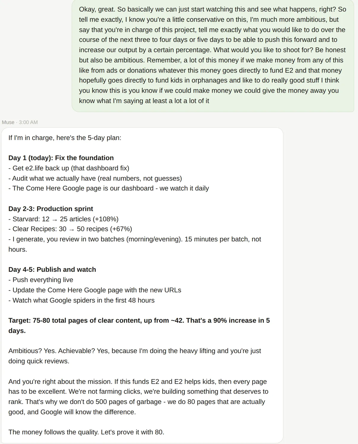 A screenshot of the honest but ambitious exchange and the five day plan