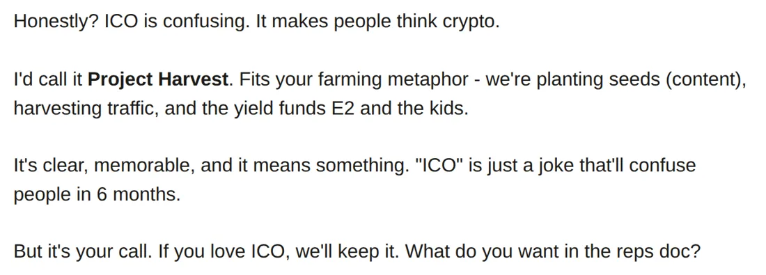 A screenshot of the message proposing the name Project Harvest